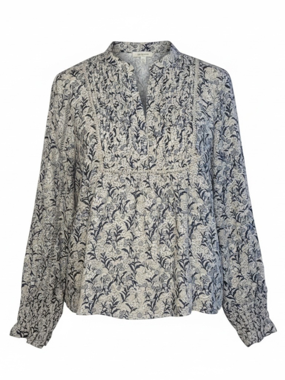 Bohme Floral Cotton Blouse M Blue White Romantic Ruffle Sleeve Boho Cottagecore